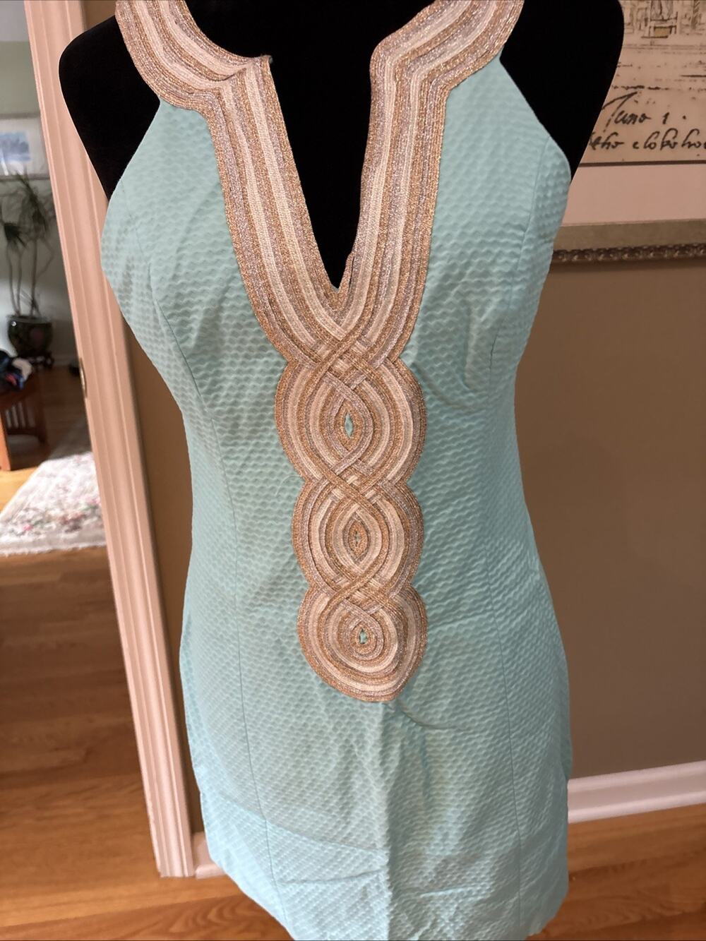 Lilly Pulitzer Valli Shift Dress Size 4 turquoise blue gold braided applique
